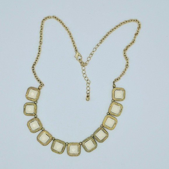 Square Station Necklace Cream Gems Goldtone Picture Frame Feminine Jewelry - Picture 6 of 8